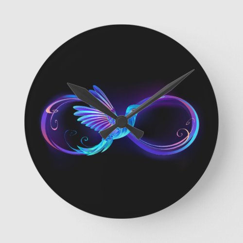 Neon Infinity Symbol with Glowing Hummingbird Round Clock