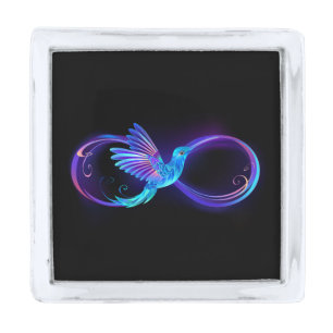Neon Infinity Symbol with Glowing Hummingbird Silver Finish Lapel Pin