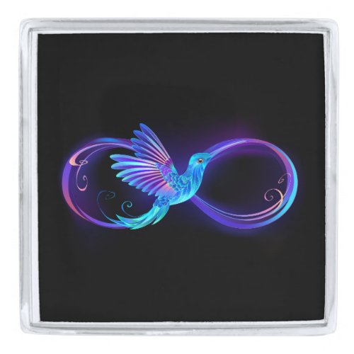 Neon Infinity Symbol with Glowing Hummingbird Silver Finish Lapel Pin