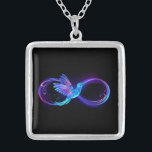 Neon Infinity Symbol with Glowing Hummingbird Silver Plated Necklace<br><div class="desc">Glowing,  purple infinity symbol with flying,  luminous,  blue hummingbird on black background. Neon.</div>