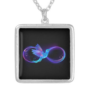 Neon Infinity Symbol with Glowing Hummingbird Silver Plated Necklace