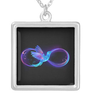 Neon Infinity Symbol with Glowing Hummingbird Silver Plated Necklace