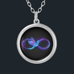 Neon Infinity Symbol with Glowing Hummingbird Silver Plated Necklace<br><div class="desc">Glowing,  purple infinity symbol with flying,  luminous,  blue hummingbird on black background. Neon.</div>