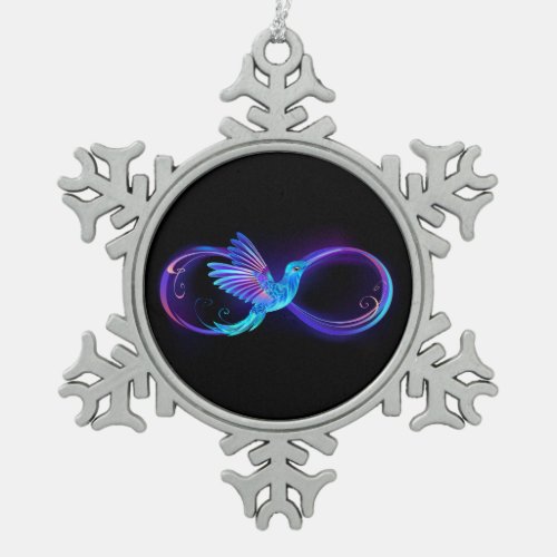 Neon Infinity Symbol with Glowing Hummingbird Snowflake Pewter Christmas Ornament