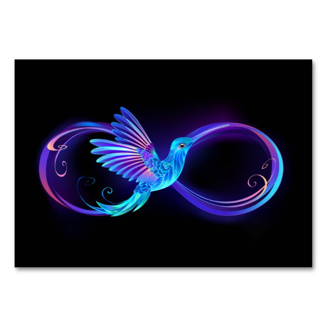 Neon Infinity Symbol with Glowing Hummingbird Table Number (Front)