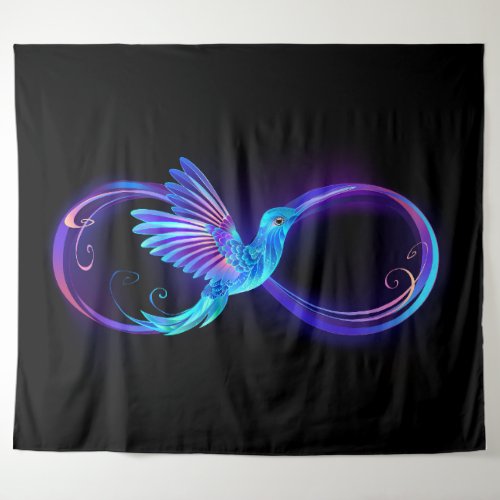 Neon Infinity Symbol with Glowing Hummingbird Tapestry