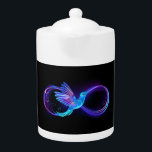 Neon Infinity Symbol with Glowing Hummingbird Teapot<br><div class="desc">Glowing,  purple infinity symbol with flying,  luminous,  blue hummingbird on black background. Neon.</div>