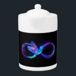 Neon Infinity Symbol with Glowing Hummingbird Teapot<br><div class="desc">Glowing,  purple infinity symbol with flying,  luminous,  blue hummingbird on black background. Neon.</div>