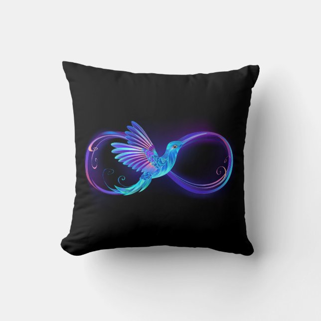Neon Infinity Symbol with Glowing Hummingbird Throw Pillow (Front)