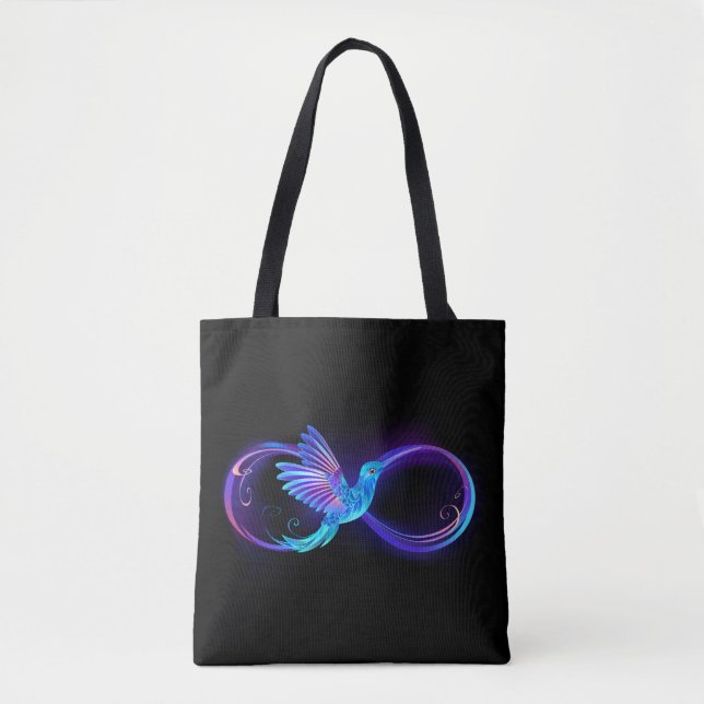 Neon Infinity Symbol with Glowing Hummingbird Tote Bag (Front)