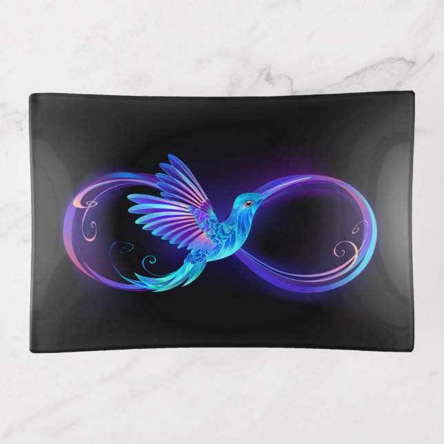 Neon Infinity Symbol with Glowing Hummingbird Trinket Tray (Front)