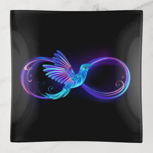 Neon Infinity Symbol with Glowing Hummingbird Trinket Tray (Front)