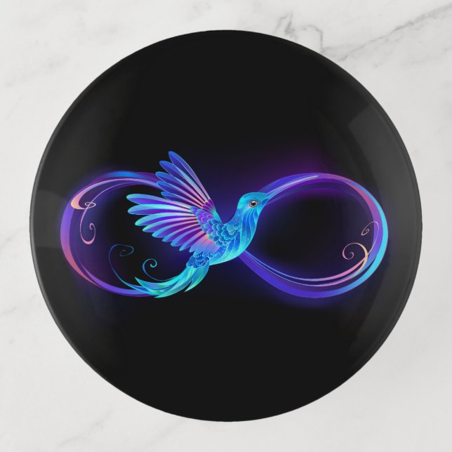Neon Infinity Symbol with Glowing Hummingbird Trinket Tray (Front)