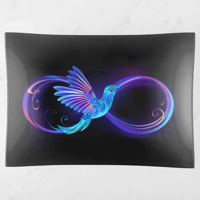Neon Infinity Symbol with Glowing Hummingbird Trinket Tray (Front)