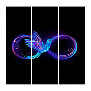 Neon Infinity Symbol with Glowing Hummingbird Triptych