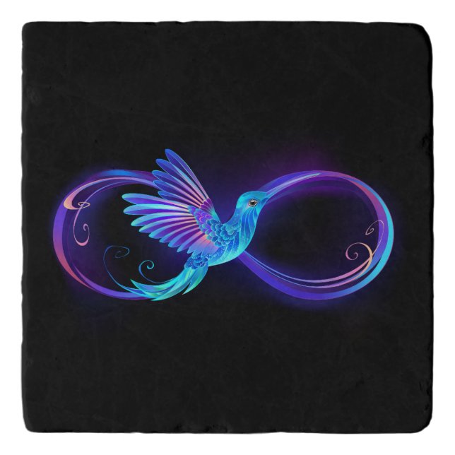 Neon Infinity Symbol with Glowing Hummingbird Trivet (Front)