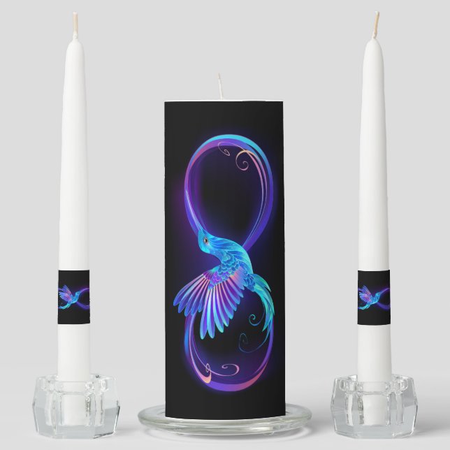 Neon Infinity Symbol with Glowing Hummingbird Unity Candle Set (Front)