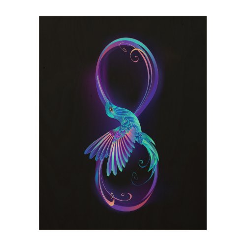 Neon Infinity Symbol with Glowing Hummingbird Wood Wall Art