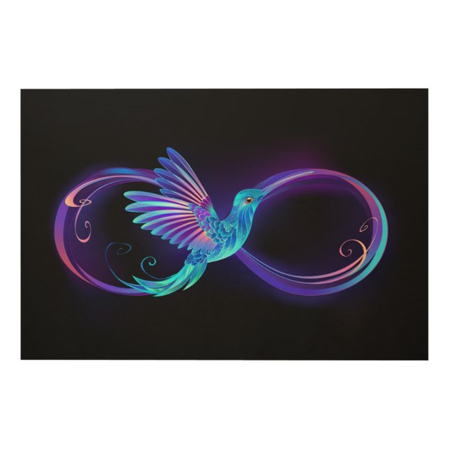 Neon Infinity Symbol with Glowing Hummingbird Wood Wall Art (Front)