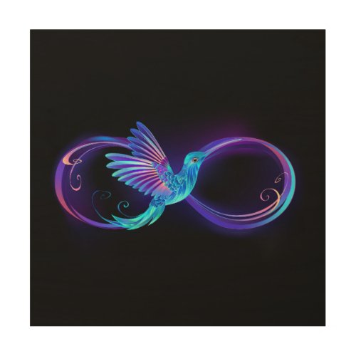 Neon Infinity Symbol with Glowing Hummingbird Wood Wall Art