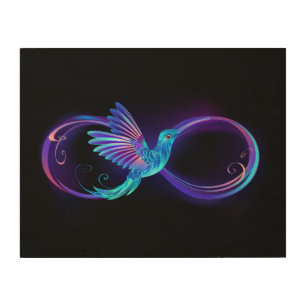 Neon Infinity Symbol with Glowing Hummingbird Wood Wall Art