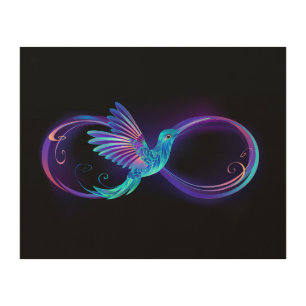 Neon Infinity Symbol with Glowing Hummingbird Wood Wall Art