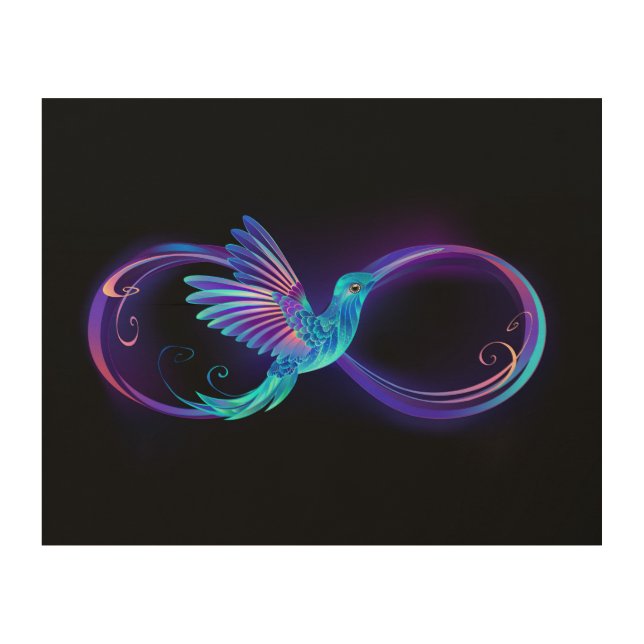 Neon Infinity Symbol with Glowing Hummingbird Wood Wall Art (Front)