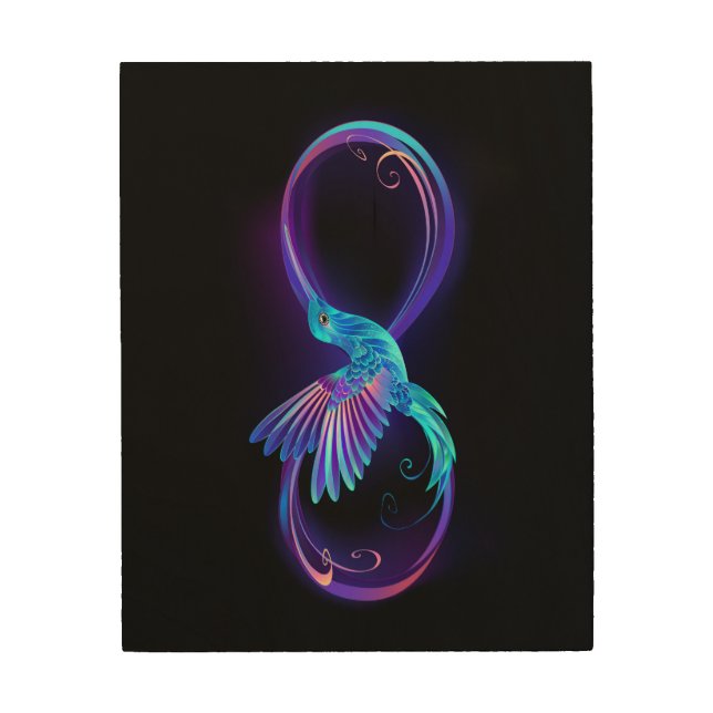 Neon Infinity Symbol with Glowing Hummingbird Wood Wall Art (Front)