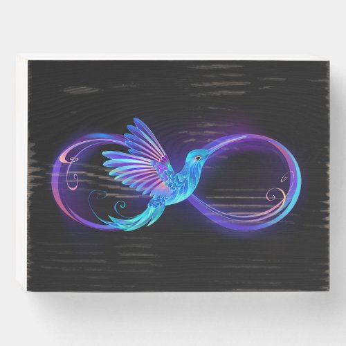 Neon Infinity Symbol with Glowing Hummingbird Wooden Box Sign