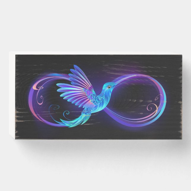 Neon Infinity Symbol with Glowing Hummingbird Wooden Box Sign (Front Horizontal)