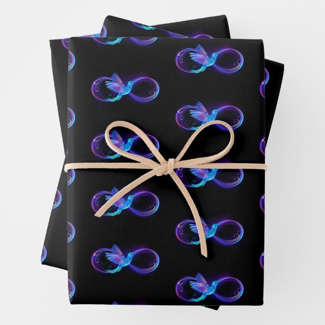 Neon Infinity Symbol with Glowing Hummingbird Wrapping Paper Sheets (In situ)