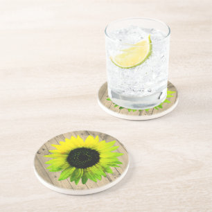 Neon Ink Sunflower on Rustic Wood Coaster