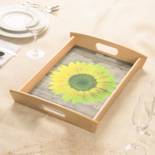 Neon Ink Sunflower on Rustic Wood Serving Tray