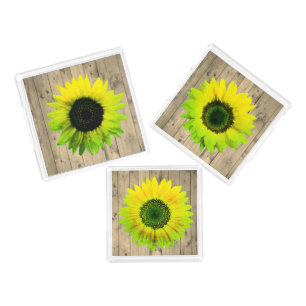 Neon Ink Vibrant Sunflower on Rustic Wood Acrylic Tray