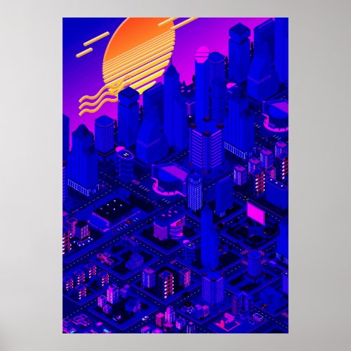 Neon Isometric City 8 Poster