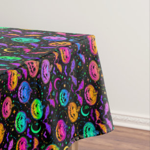 Neon Jack-O-Lanterns, Bats Stars and Moons Tablecloth