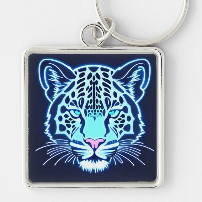 Neon Jaguar Head Outline on Dark Background Keychain (Front)