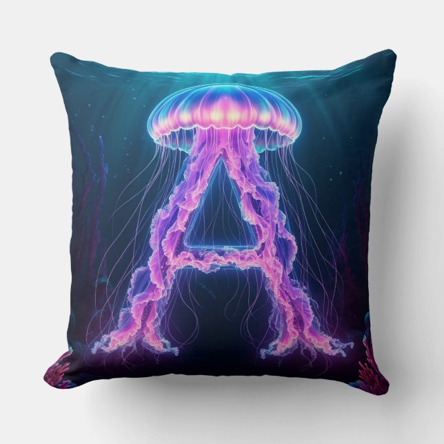 ✨ Neon Jellyfish Letter A Ocean Nursery Gift 🎐 Throw Pillow (Front)