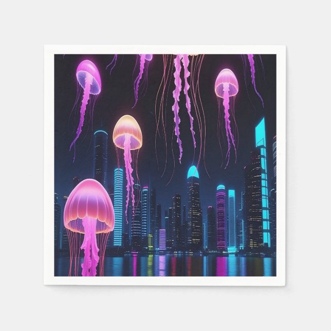 Neon Jellyfish Over Cyber City Napkins (Front)