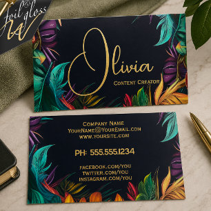 Neon Jeweltone Tropical Botanical Leaves on Black Foil Spot Gloss Business Cards