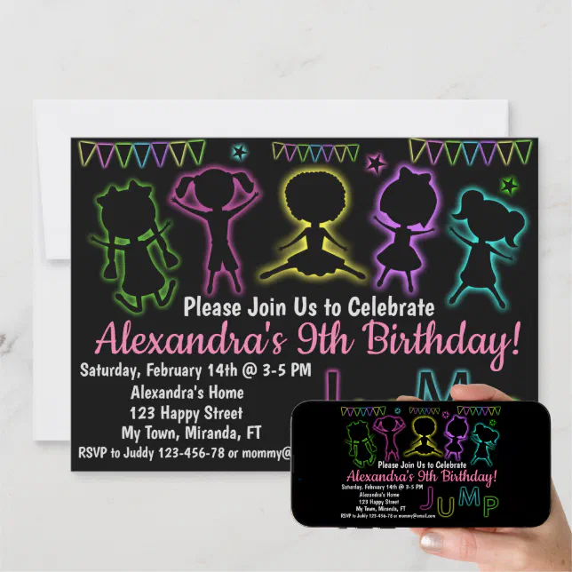 Neon Jump birthday invitation | Zazzle