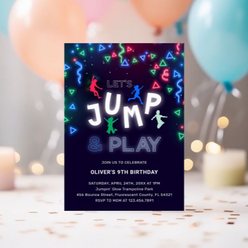 Neon Jump Trampoline Kids Birthday Party Invitation