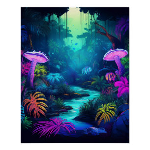 Neon Jungle with Glowing Mushrooms and Plants Poster