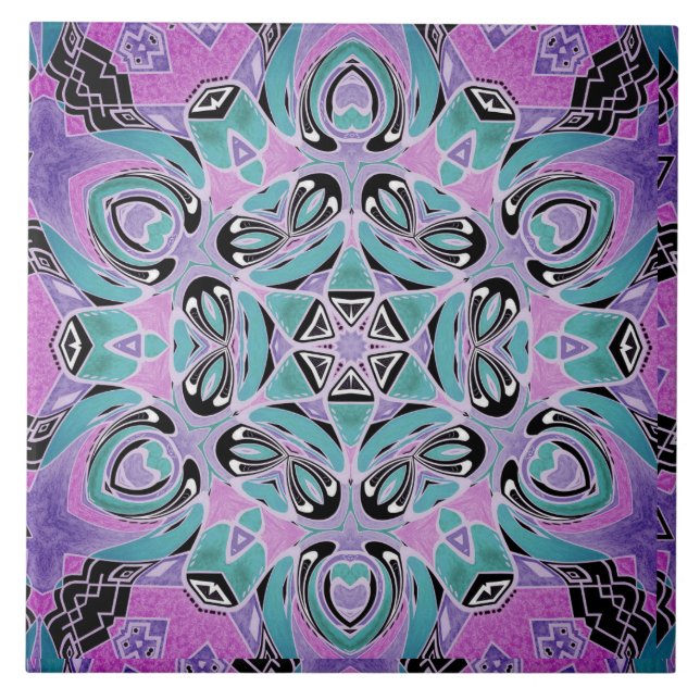 Neon kaleidoscope , mandala ceramic tile (Front)
