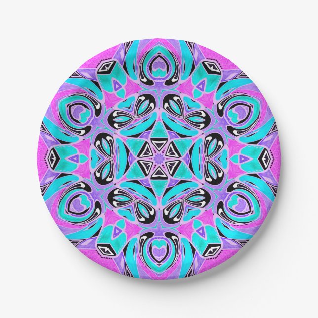 Neon kaleidoscope , mandala paper plates (Front)
