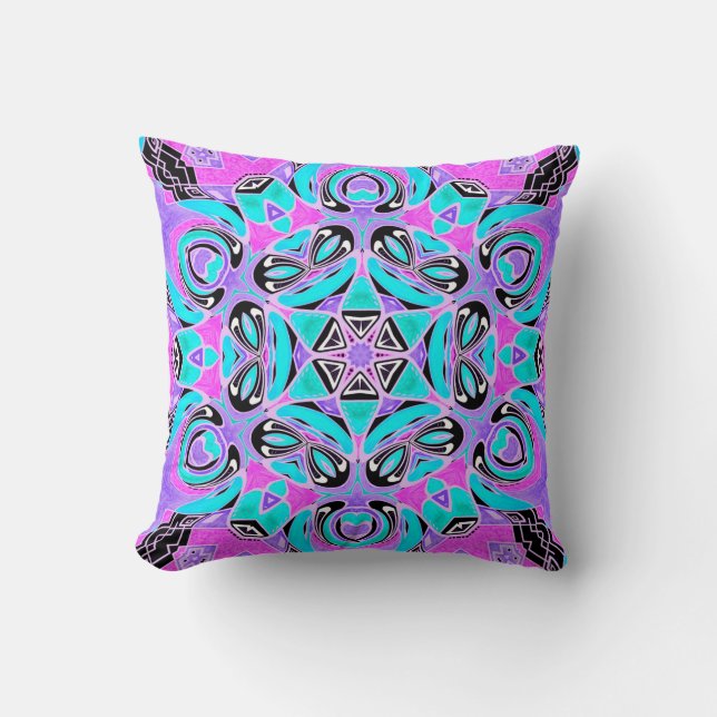 Neon kaleidoscope , mandala throw pillow (Front)