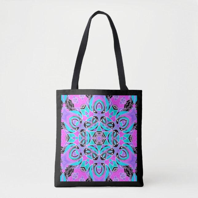 Neon kaleidoscope , mandala tote bag (Front)