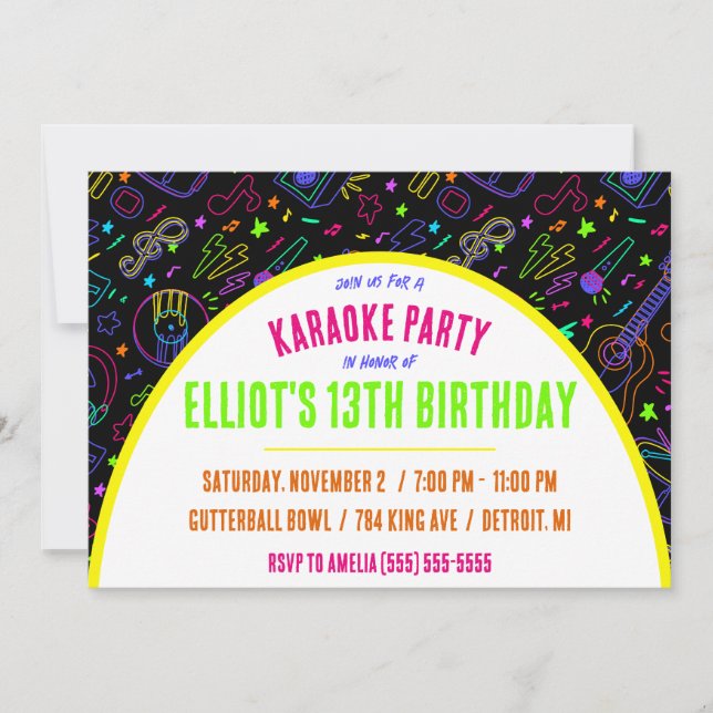 Neon Karaoke Birthday Party Invitation (Front)