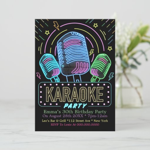 Neon Karaoke Birthday Party Invitation | Zazzle