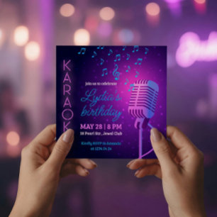 Neon Karaoke Birthday Party Microphone Square Invitation